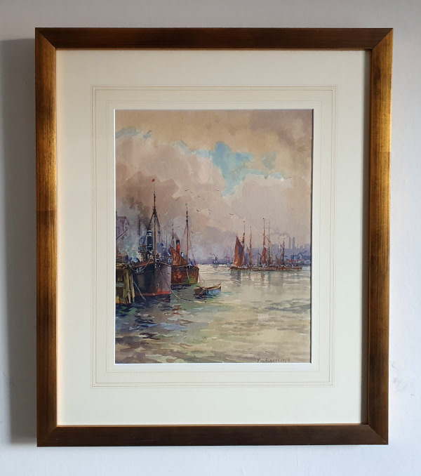 Frederick William Scarbrough,  watercolour mounted and framed, Shipping on the Thames