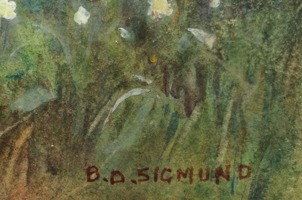 Girls with ducks in cottage garden.sign.B.D.Sigmund.