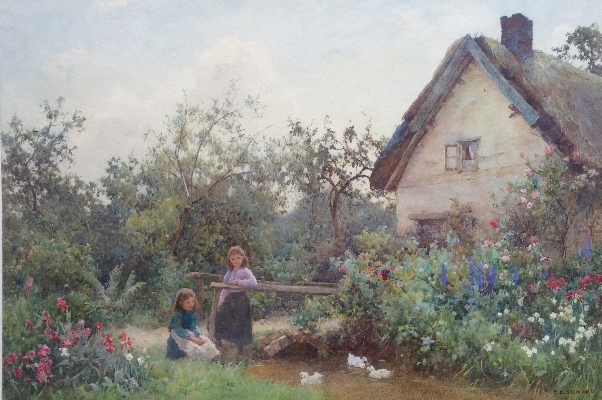 Girls with ducks in cottage garden.B.D.Sigmund.