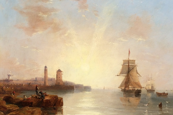 Sailships arriving at port.J.W.Carmichael