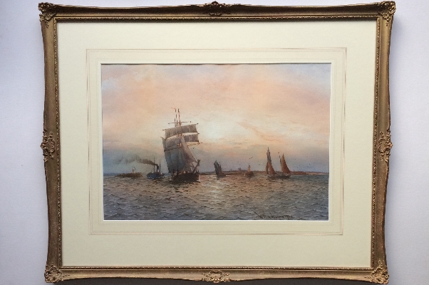 Shipping off the Mouth of the River Tyne at Sunset.Frame.W.T.N.Boyce