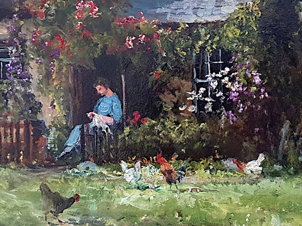 John Falconar Slater oil painting for sale, Cottage Garden, hens