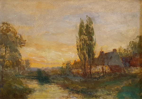 John Falconar Slater, oil painting for sale, Poplar farm at sunset.