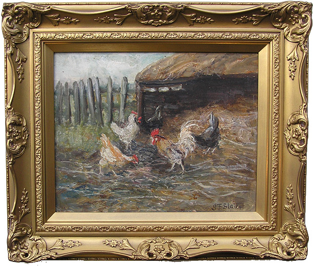 John.Falconar.Slater-Hens by a hay barn