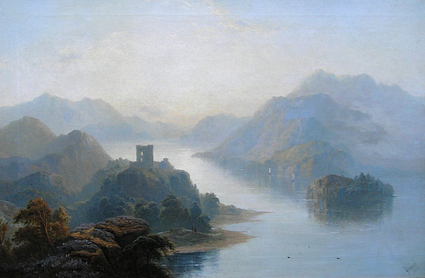 George Blackie Sticks painting: Castle on Loch, Scotland