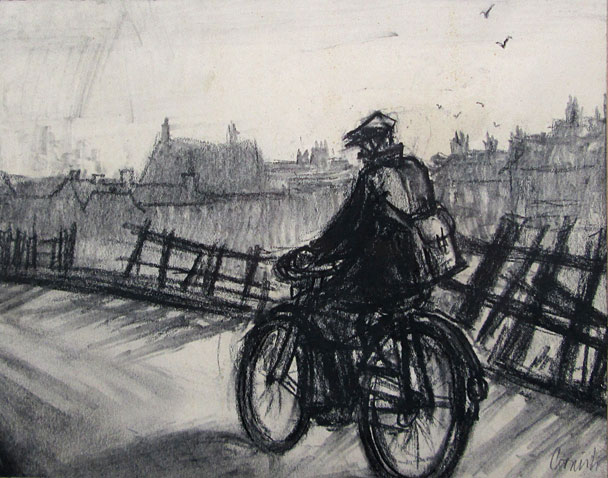 Norman Cornish drawing: Miner on Bike
