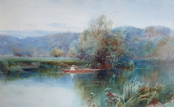 Alfred Fontville de Breanski watercolour, A bend on  the River Wey, Surrey