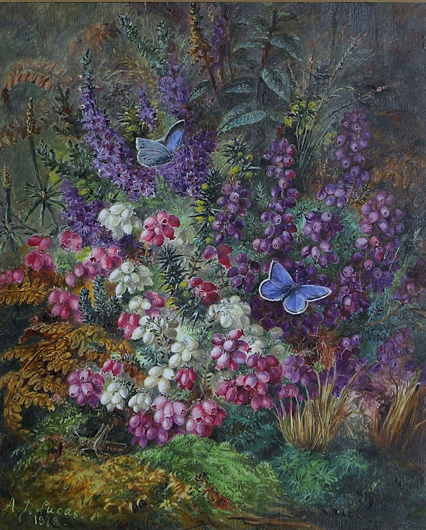 Albert_Durer_Lucas_oil_painting_for_sale - Blue Butterflies and Grasshopper amidst wild flowers