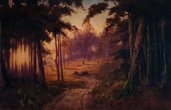 Edward Horace thompson, watercolour, sundown in Wythorp woods, framed