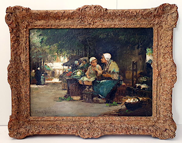 Flora Macdonald Reid, oil painting, Breton market, frame