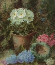 Primulas,Lilac,a Bird's Nest and other Flowers.Oliver Clare.