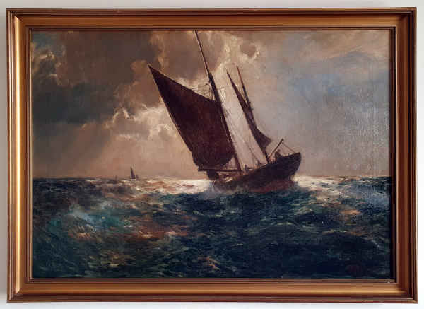 Franz Muller-Gossen, oil painting, Sailing Home, frame
