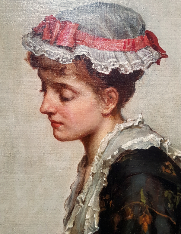 Manner of George Dunlop Leslie oil painting, woman close up