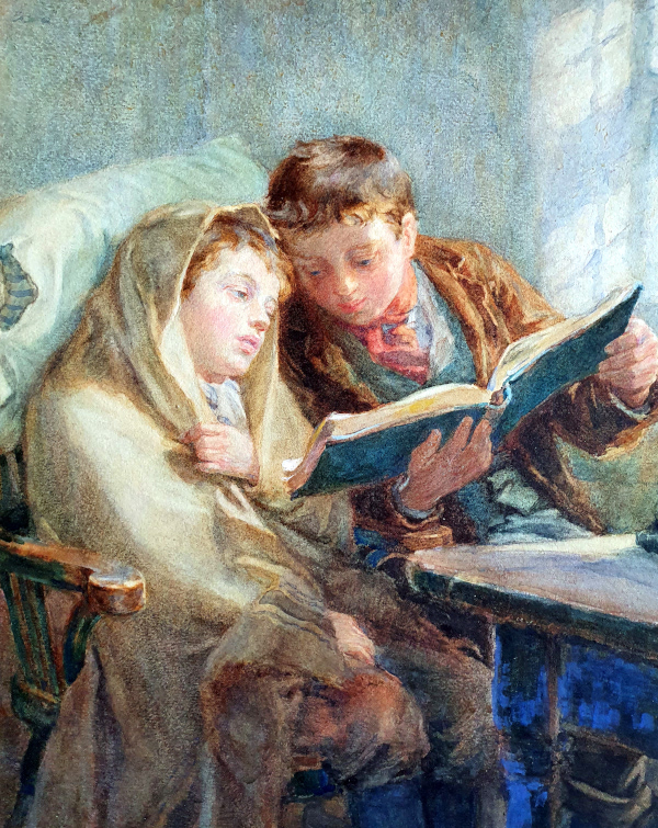Ralph Hedley, watercolour, A caring brother, close up