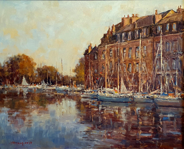 J.D. Henderson, oil painting for sale, Evening at Honfleur harbour