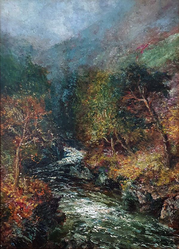 John.Falconar.Slater.oil.painting.for.sale -impressionistic Highland Glen river