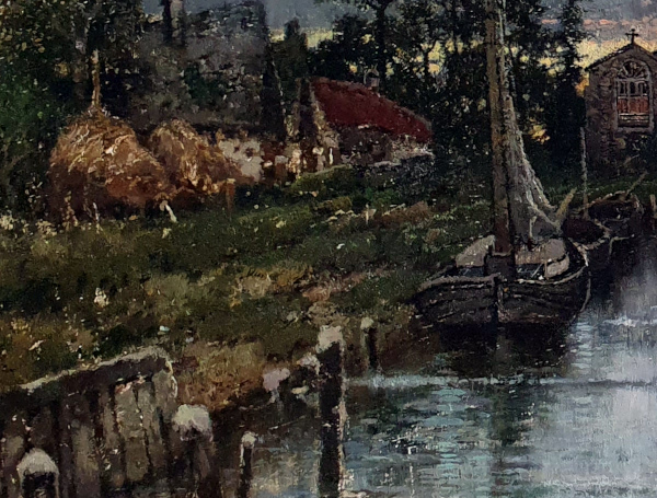 Professor-Karl-Heffner-oil-painting-for-sale - Evening-canal-near-Norwich-haystacks-boats