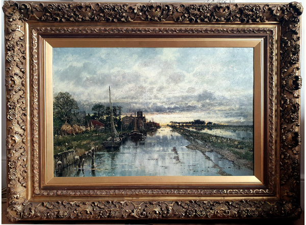 Karl-Heffner-oil-painting-for-sale-fine-frame - Evening-canal-near-Norwich