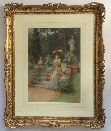 Lady with flowers in Garden.Frame.G.Sheridan Knowles