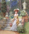 Lady with flowers on gargen steps.G.Sheridan Knowles