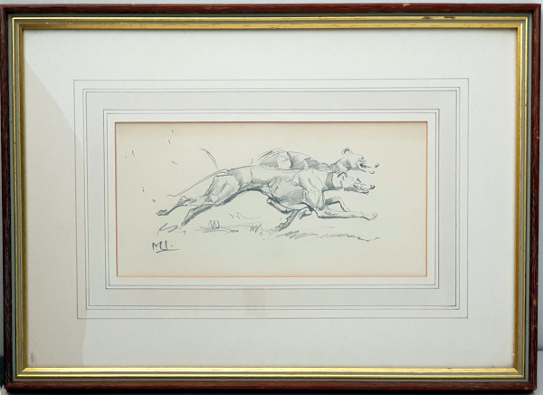 Micheal Lyne Pencil drawing for sale, Greyhounds full stride (with reflections..)