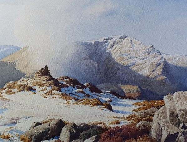 Geoffrey Pooley watercolour for sale - Buttermere fells, November snow