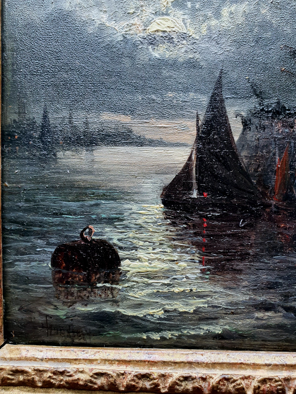 William Anslow Thornley, oil painting, Moonlit harbour and estuary probaby Medway, possibly Thames