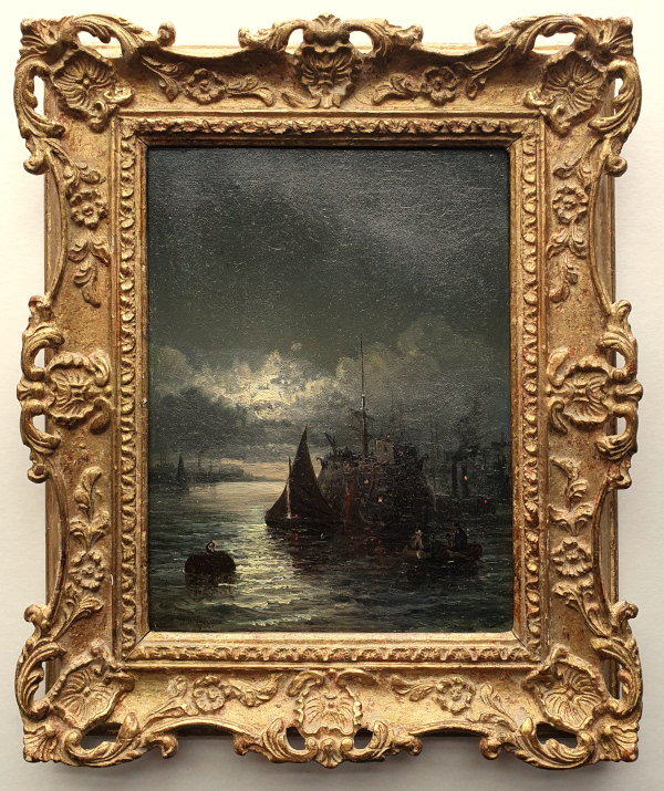 William Anslow Thornley, oil painting, Moonlit harbour, framed