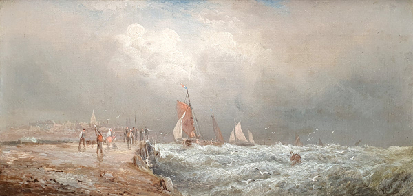 William Anslow Thornley, oil painting, French luggers off Boulogne