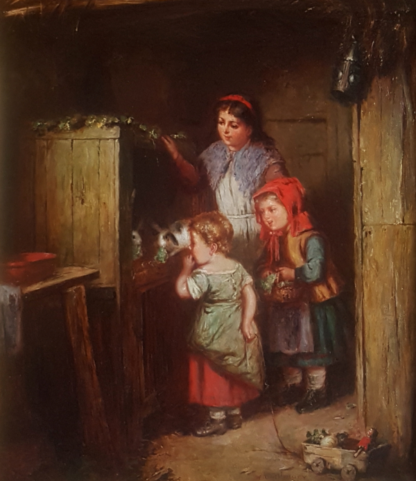 William.Hemsley.Children.oil.painting.for.sale - feeding.the.rabbits