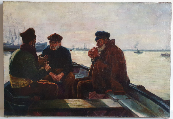 esw. oil painting, Conversing on a boat