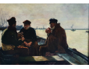 esw. oil painting, Conversing on a boat