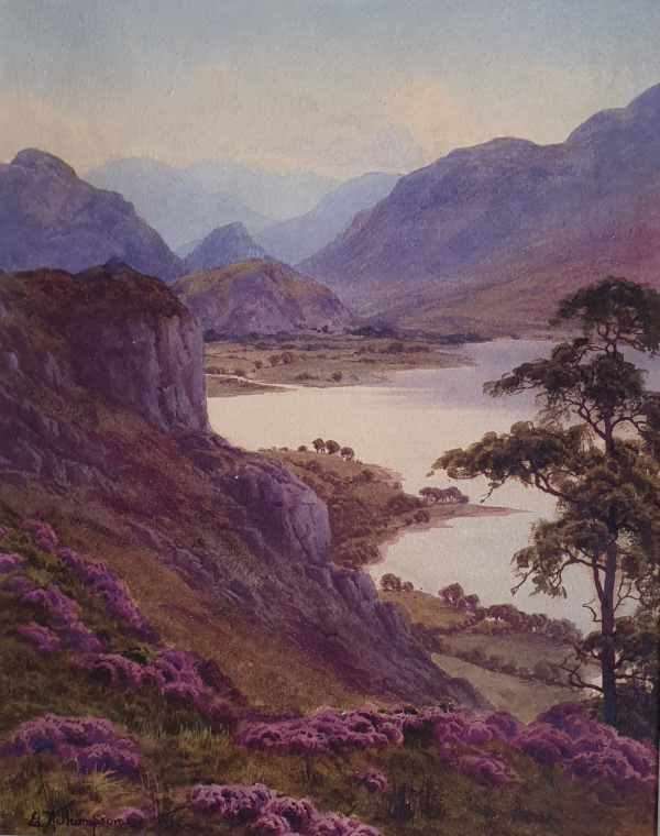 Edward Horace Thompson, watercolour, Heathertime above Derwentwater, Borrowdale, Lake District