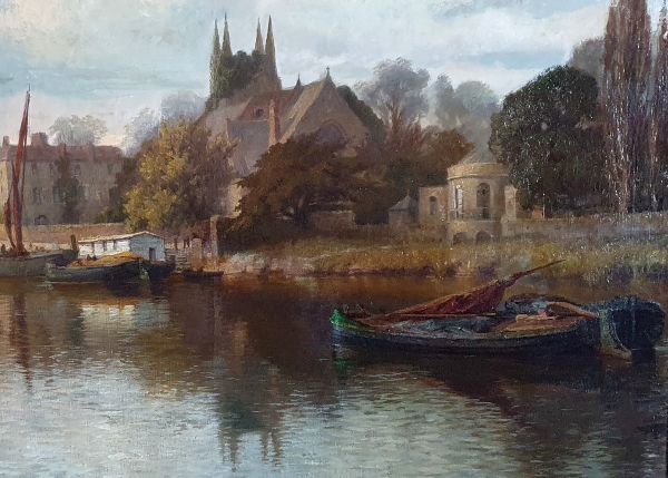 the Thames at Old Isleworth, oil painting, All Saints church