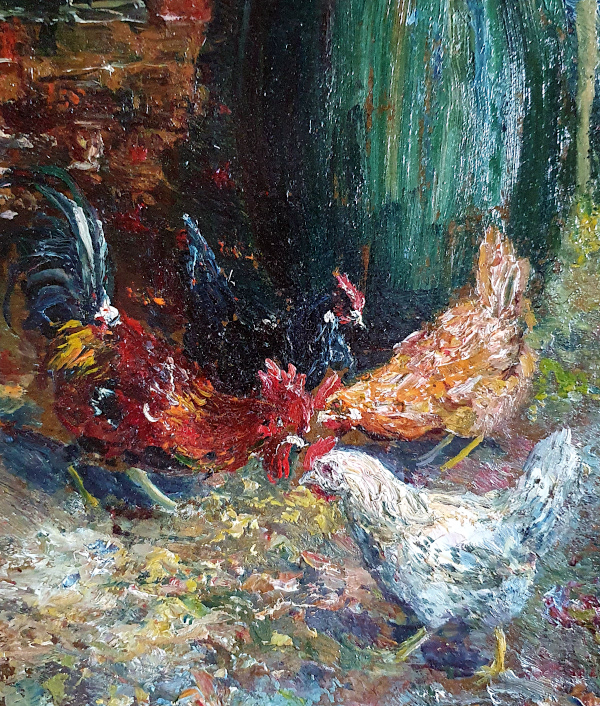 John Falconar Slater oil painting, Farmyard chickens