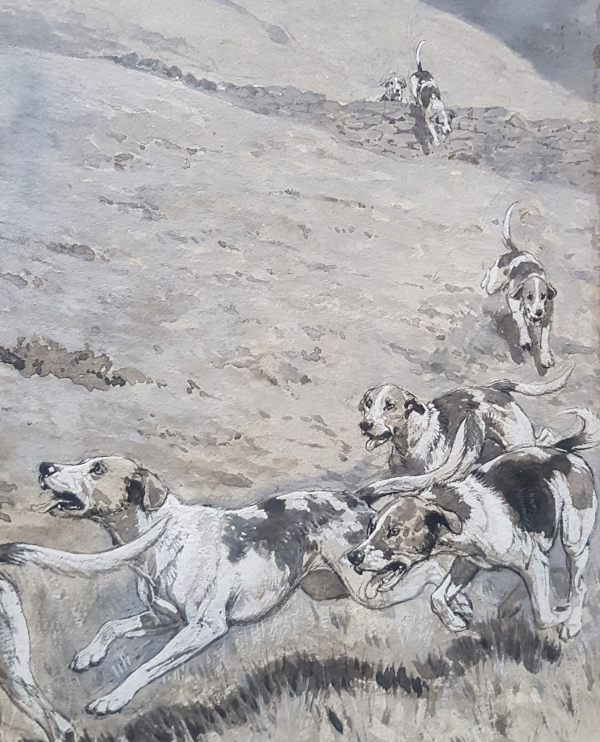 John Charlton sporting watercolour - Bounding hounds