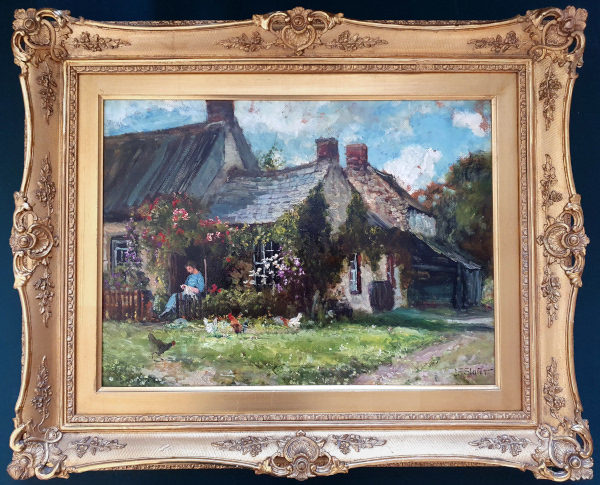 John Falconar Slater oil painting, Cottage Garden, framed