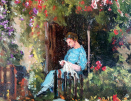 John Falconar Slater oil painting Cottage Garden, womand darning