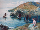 John Robertson Reid watercolour : Fishing fleet leaving Polperro