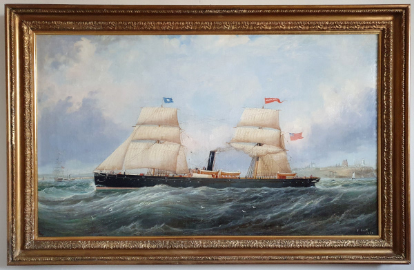 John Scott oil painting for sale, Newcastle built steamship SS Brazilian departs Tynemouth
