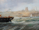 John Scott oil painting, The Brazilain, Tynemouth, shipyard cranes