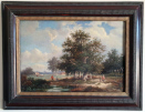 Patrick Nasmyth, oil painting on panel, Landscape with figures and farmstead, frame