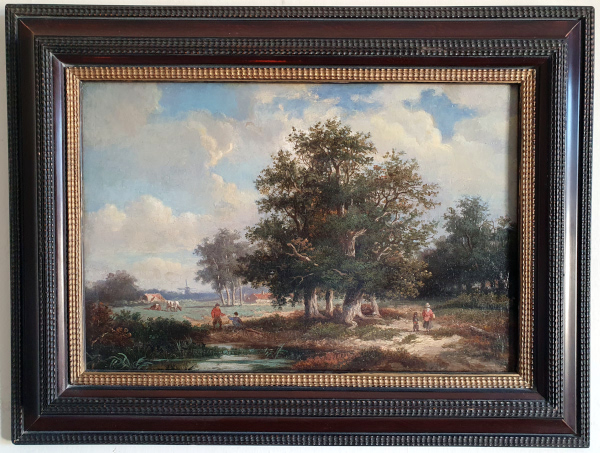 Patrick Nasmyth, oil painting on panel, Landscape with figures and farmstead, frame