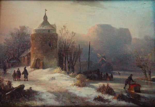 Winter Town Scene with Frozen River.1.J.F.H.
