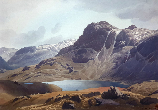 Geoffrey Pooley, watercolour for sale, Harrison Stickle and tarn