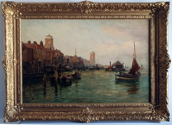 Robert Jobling, oil painting, framed, North Shields at daybreak, high and low lights, HMS Castor