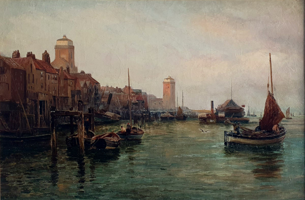 Robert Jobling, oil painting for sale, North Shields at daybreak, high and low lights, HMS Castor