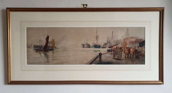 Thomas Bush Hardy, watercolour, A wet morning at North Shields, framed