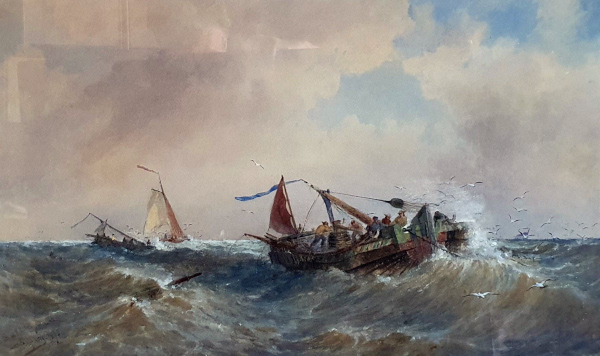 Thomas Bush Hardy watercolour for sale: Boat in rough seas