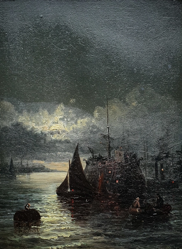 William Anslow Thornley, oil painting for sale, Moonlit harbour